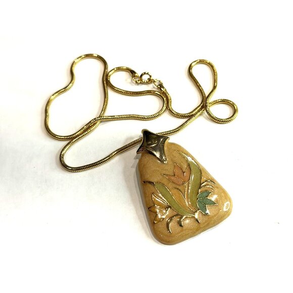 VINTAGE GOLD SNAKE CHAIN TULIP CLOISONNE ENAMEL FLOWER PENDANT 24" NECKLACE EUC - Picture 5 of 11